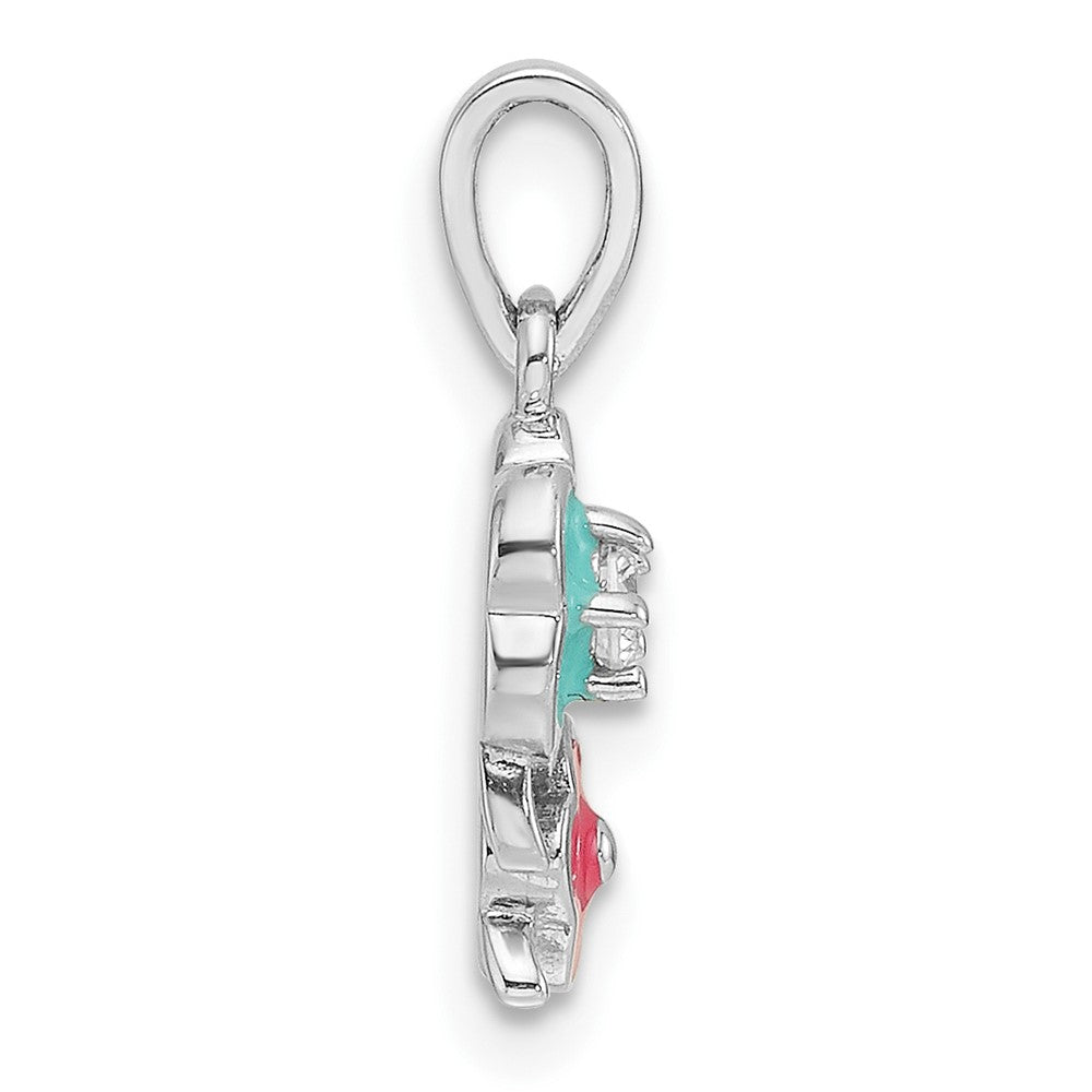 Sterling Silver Rhodium Plated Blue/pink Enamel & CZ Floral Children's Pendant