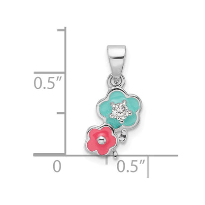 Sterling Silver Rhodium Plated Blue/pink Enamel & CZ Floral Children's Pendant