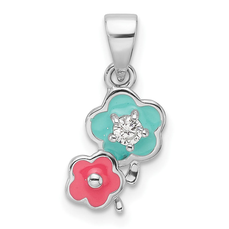 Sterling Silver Rhodium Plated Blue/pink Enamel & CZ Floral Children's Pendant