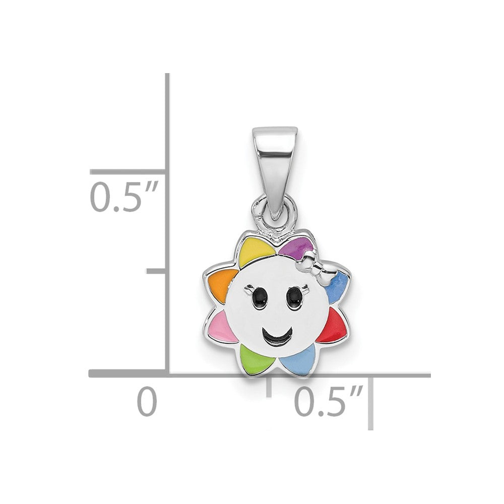 Sterling Silver Rhodium Plated Multicolor Enamel Smiling Sun Children's Pendant