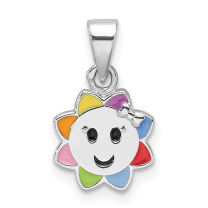 Sterling Silver Rhodium Plated Multicolor Enamel Smiling Sun Children's Pendant