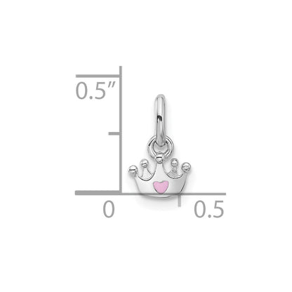 Sterling Silver Rhodium Plated Pink Enameled Heart Crown Children's Pendant