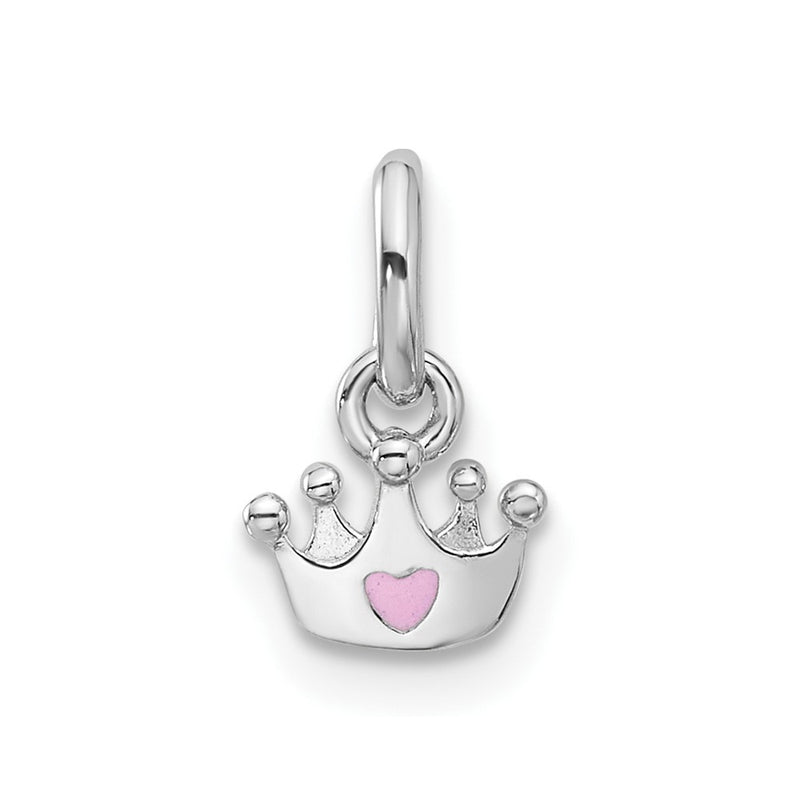 Sterling Silver Rhodium Plated Pink Enameled Heart Crown Children's Pendant
