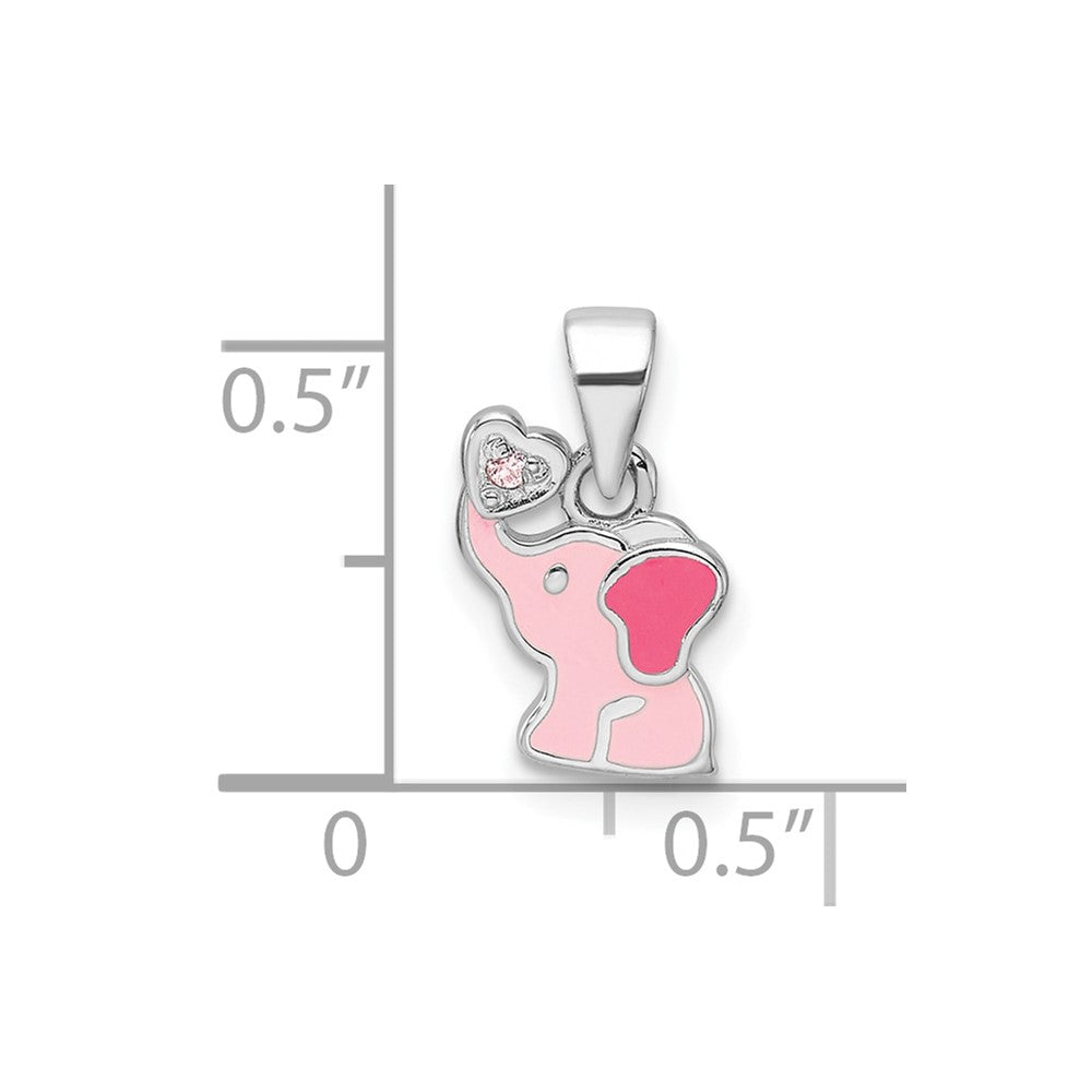 Sterling Silver Rhodium Plated Pink Enamel & CZ Elephant Children's Pendant