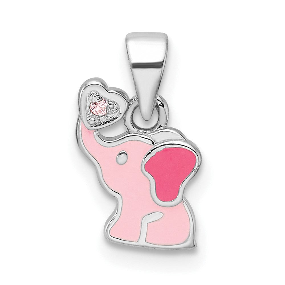 Sterling Silver Rhodium Plated Pink Enamel & CZ Elephant Children's Pendant