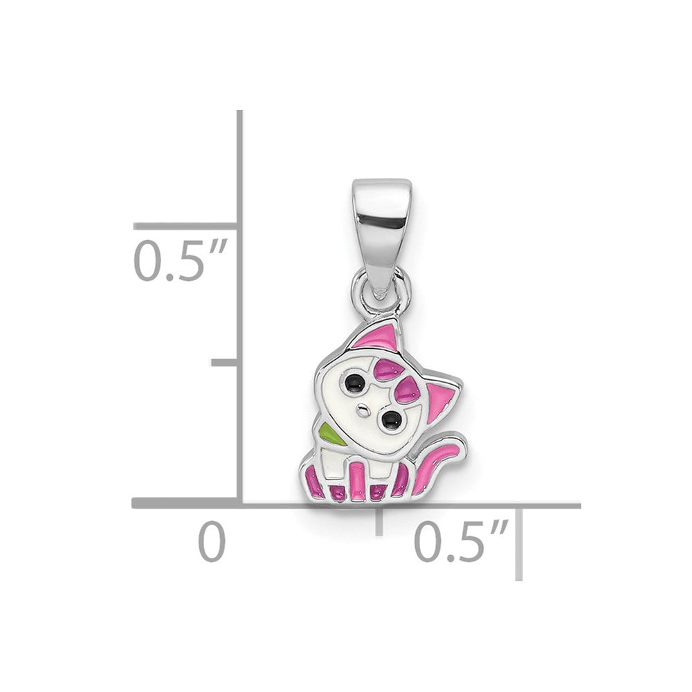 Sterling Silver Rhodium Plated Multi-Color Enameled Cat Children's Pendant