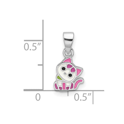 Sterling Silver Rhodium Plated Multi-Color Enameled Cat Children's Pendant