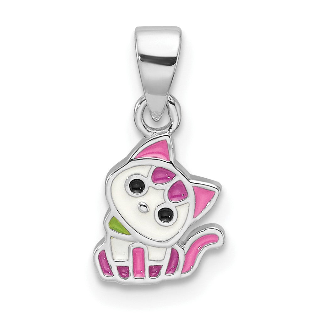 Sterling Silver Rhodium Plated Multi-Color Enameled Cat Children's Pendant