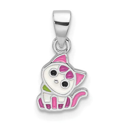 Sterling Silver Rhodium Plated Multi-Color Enameled Cat Children's Pendant
