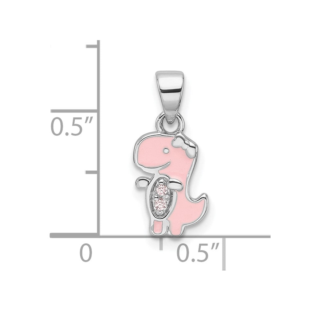 Sterling Silver Rhodium Plated Pink Enamel & CZ Dinosaur Children's Pendant