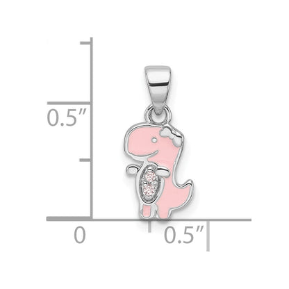 Sterling Silver Rhodium Plated Pink Enamel & CZ Dinosaur Children's Pendant