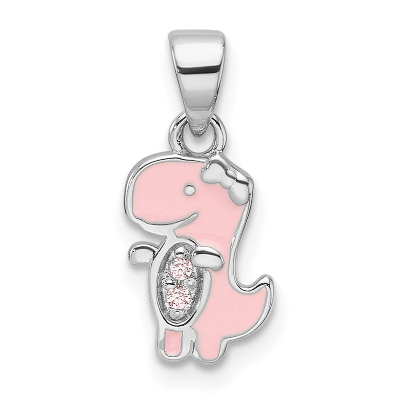 Sterling Silver Rhodium Plated Pink Enamel & CZ Dinosaur Children's Pendant