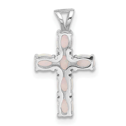 Sterling Silver Flash Platinum-Plated Created Opal Cross Pendant