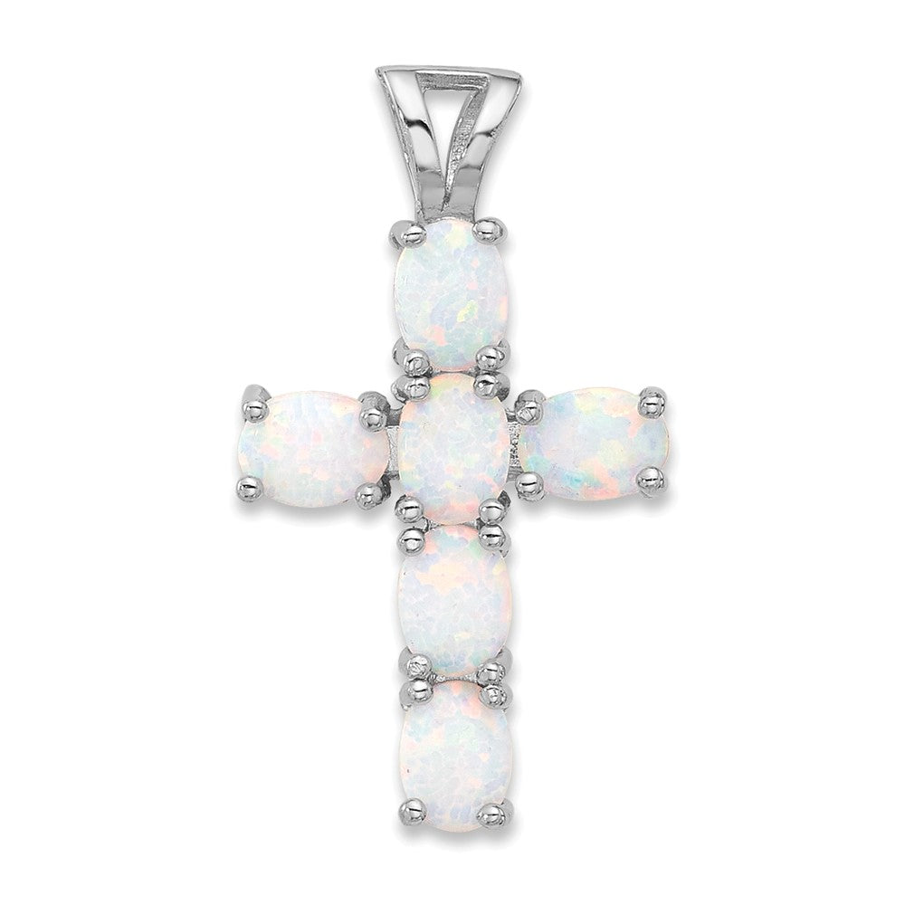 Sterling Silver Flash Platinum-Plated Created Opal Cross Pendant