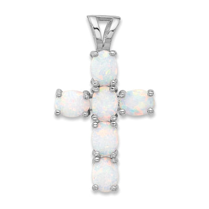 Sterling Silver Flash Platinum-Plated Created Opal Cross Pendant