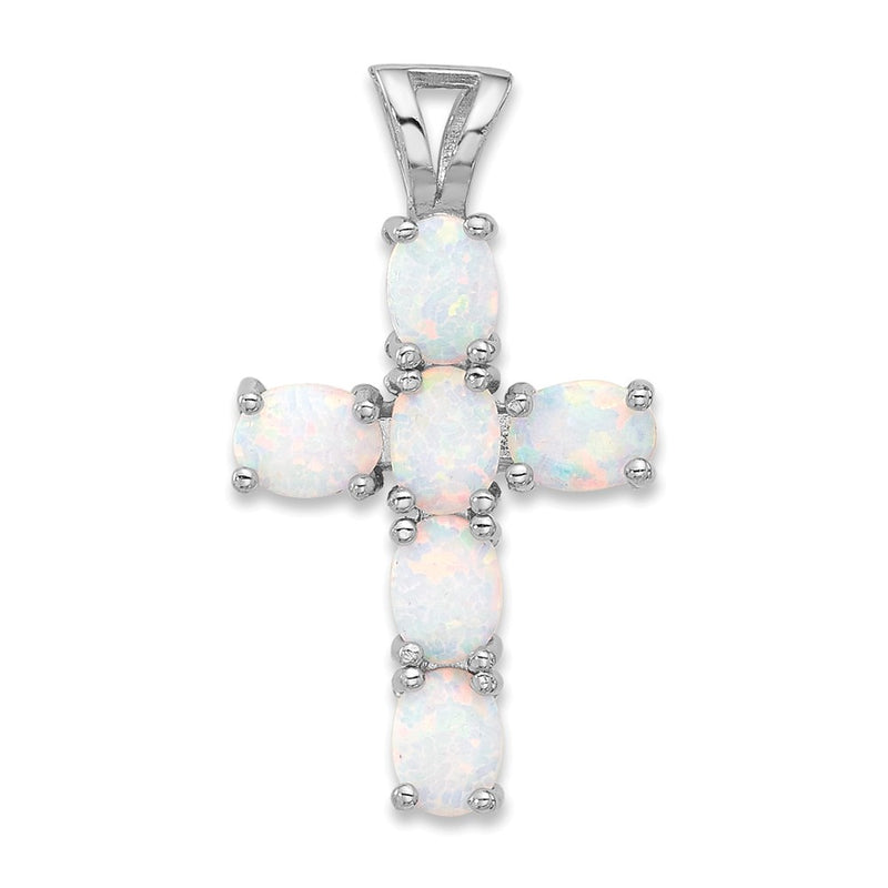 Sterling Silver Flash Platinum-Plated Created Opal Cross Pendant