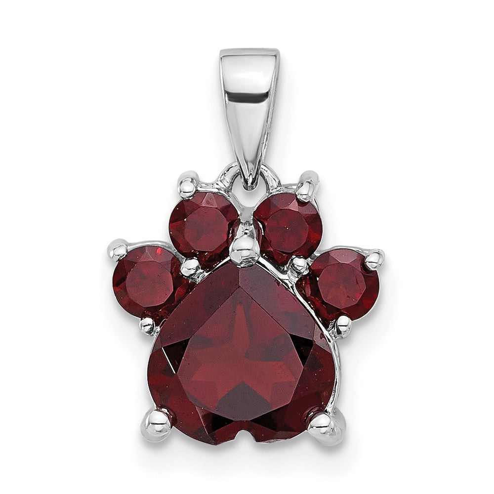 Sterling Silver Rhodium-Plated Polished Garnet Paw Pendant