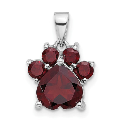Sterling Silver Rhodium-Plated Polished Garnet Paw Pendant