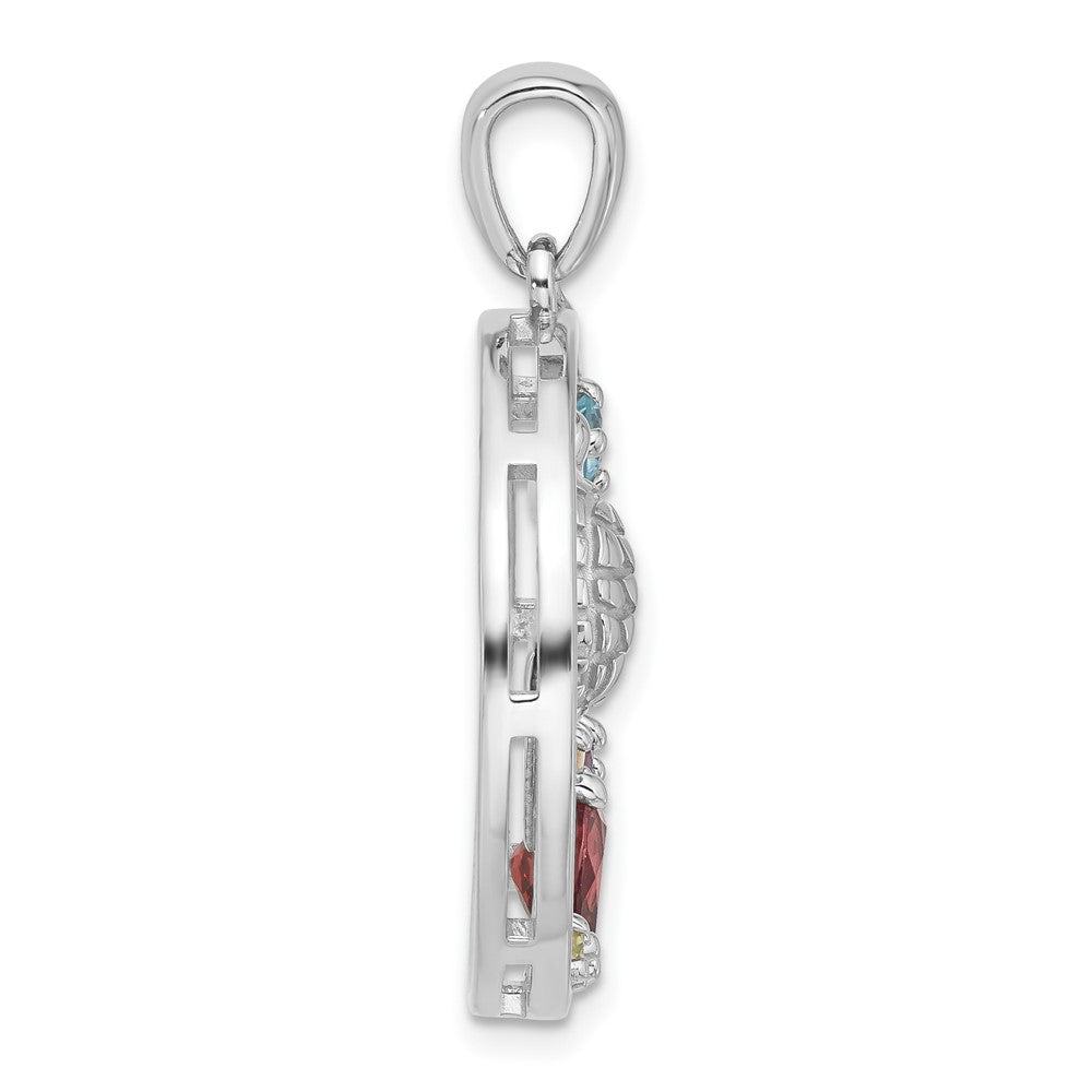 Sterling Silver Rhodium-Plated Rainbow Multi-Gemstone Sea Turtle Pendant