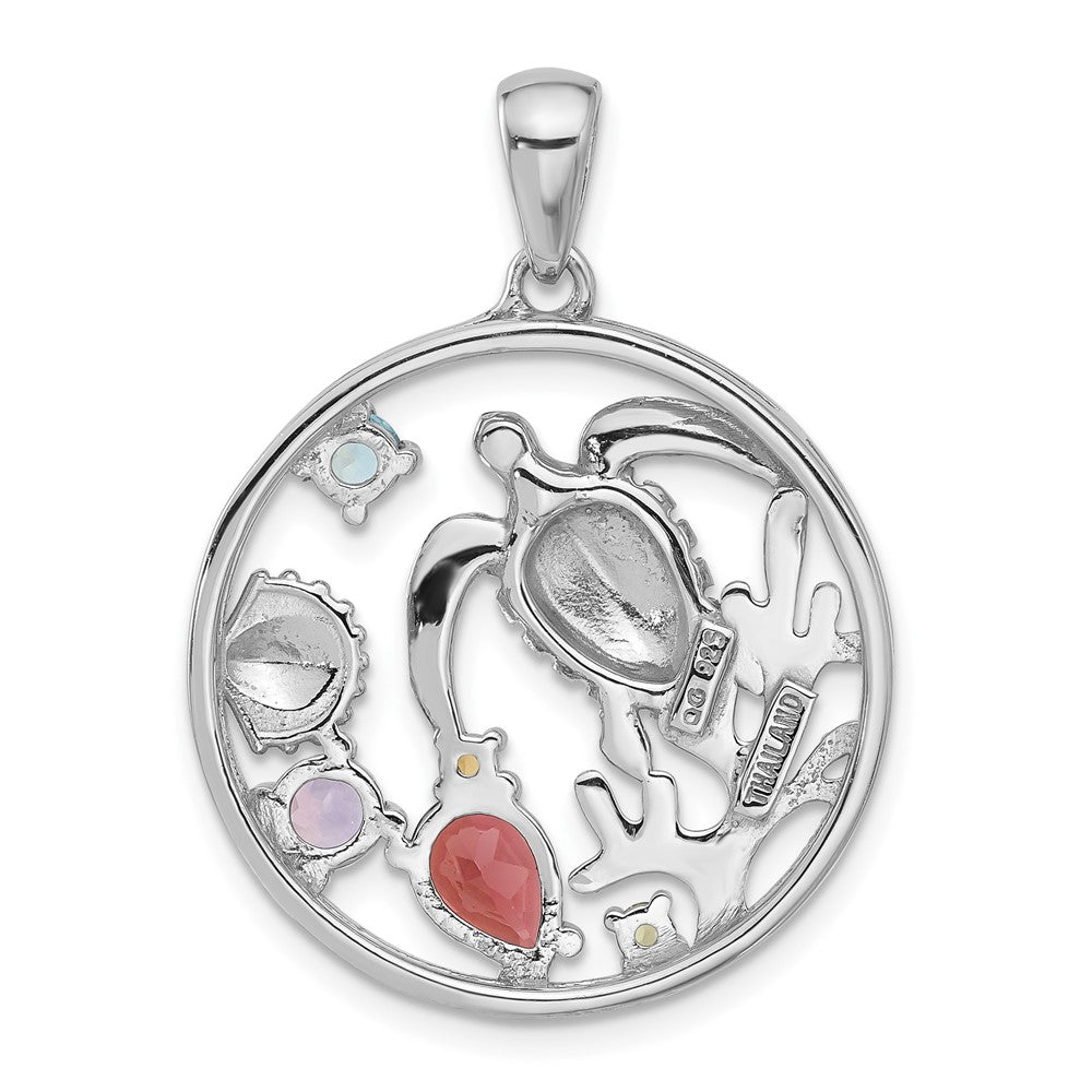 Sterling Silver Rhodium-Plated Rainbow Multi-Gemstone Sea Turtle Pendant