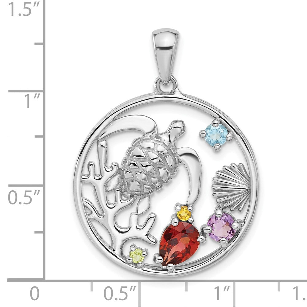 Sterling Silver Rhodium-Plated Rainbow Multi-Gemstone Sea Turtle Pendant