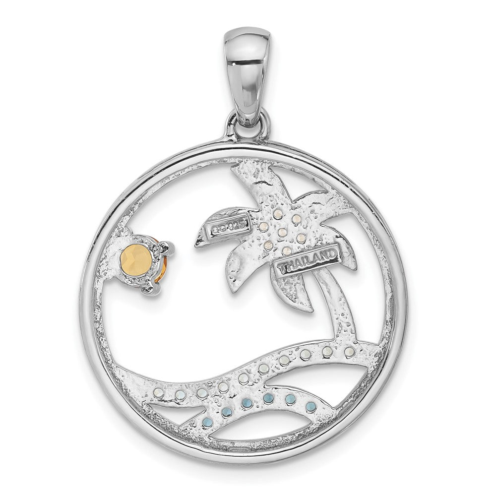 Sterling Silver Rhodium Plated Rainbow Multi-Gemstone Ocean Palm Tree Pendant