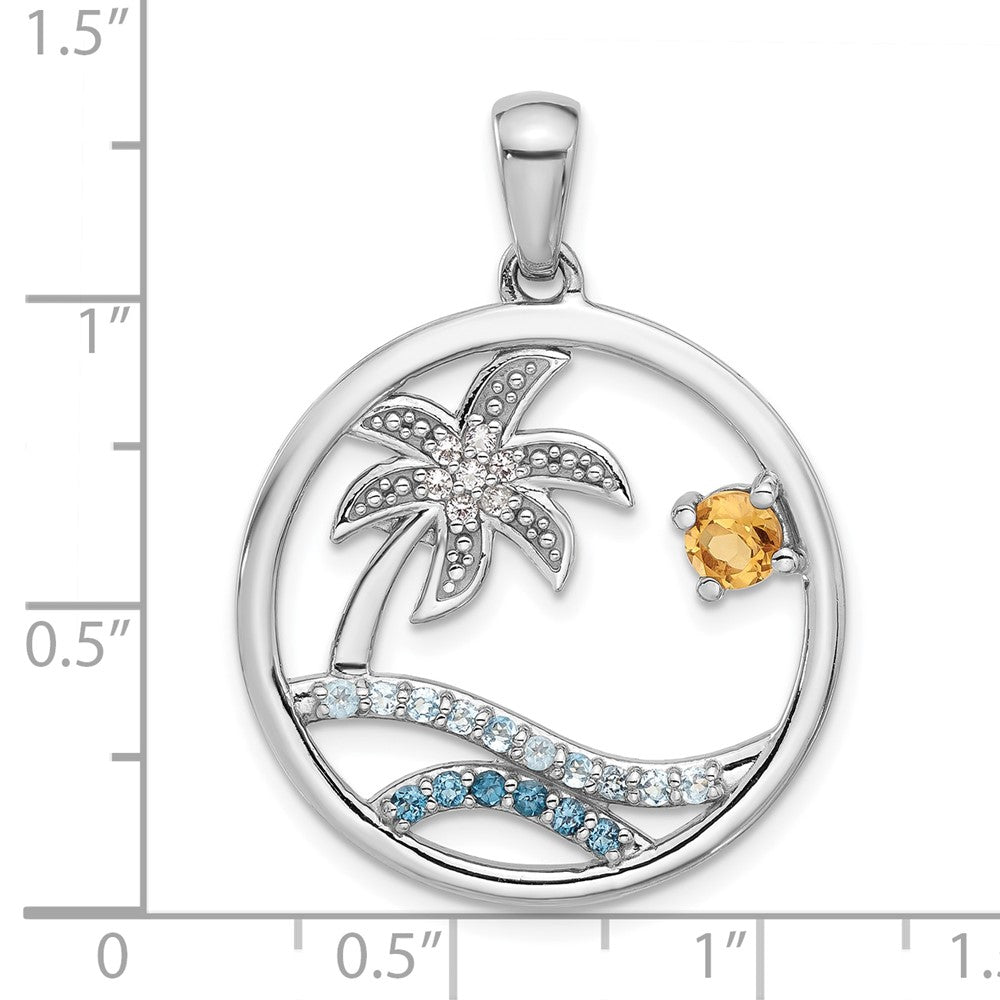 Sterling Silver Rhodium Plated Rainbow Multi-Gemstone Ocean Palm Tree Pendant
