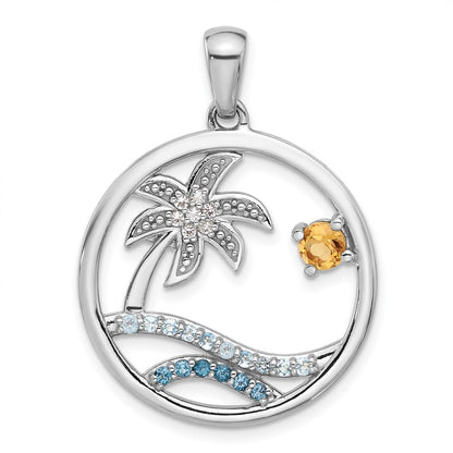 Sterling Silver Rhodium Plated Rainbow Multi-Gemstone Ocean Palm Tree Pendant