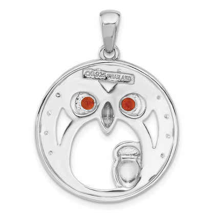 Sterling Silver Rhodium-Plated Garnet and CZ Owls Pendant