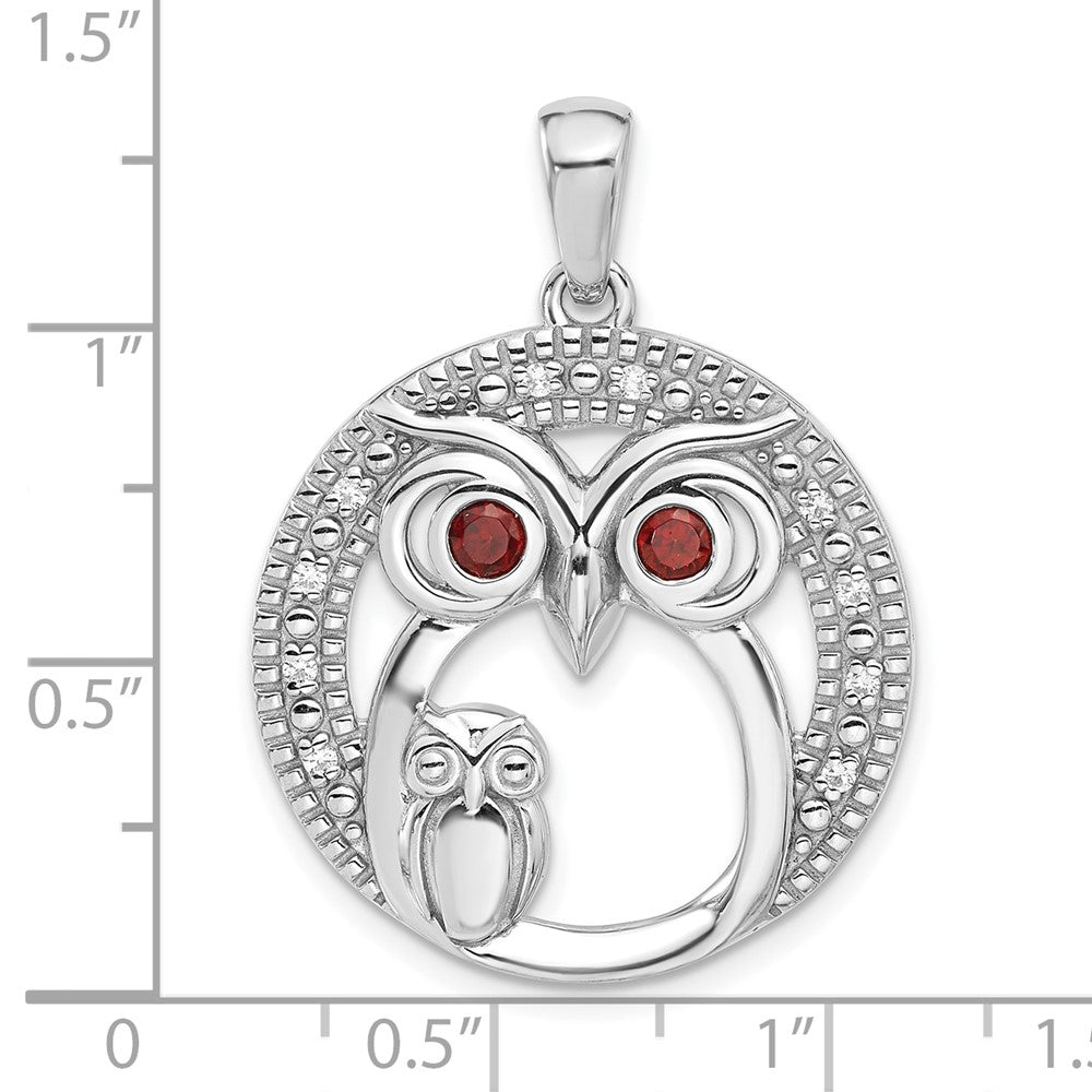 Sterling Silver Rhodium-Plated Garnet and CZ Owls Pendant