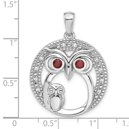 Sterling Silver Rhodium-Plated Garnet and CZ Owls Pendant