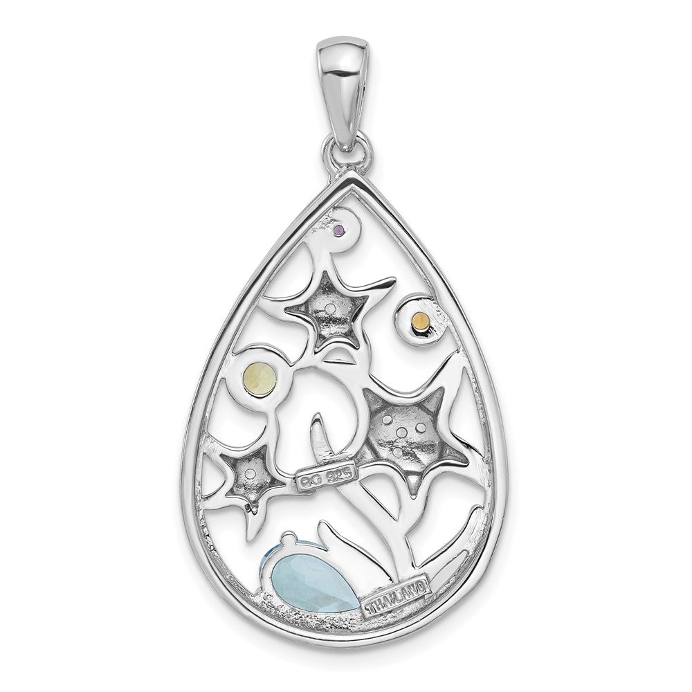 Sterling Silver Rhodium-Plated Rainbow Multi-Gemstone Starfish Pendant