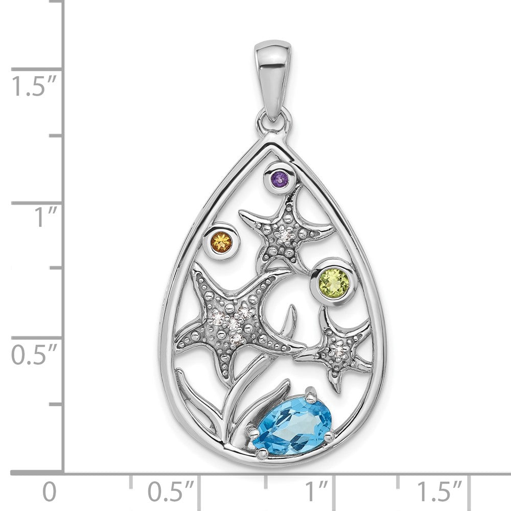 Sterling Silver Rhodium-Plated Rainbow Multi-Gemstone Starfish Pendant