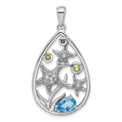 Sterling Silver Rhodium-Plated Rainbow Multi-Gemstone Starfish Pendant