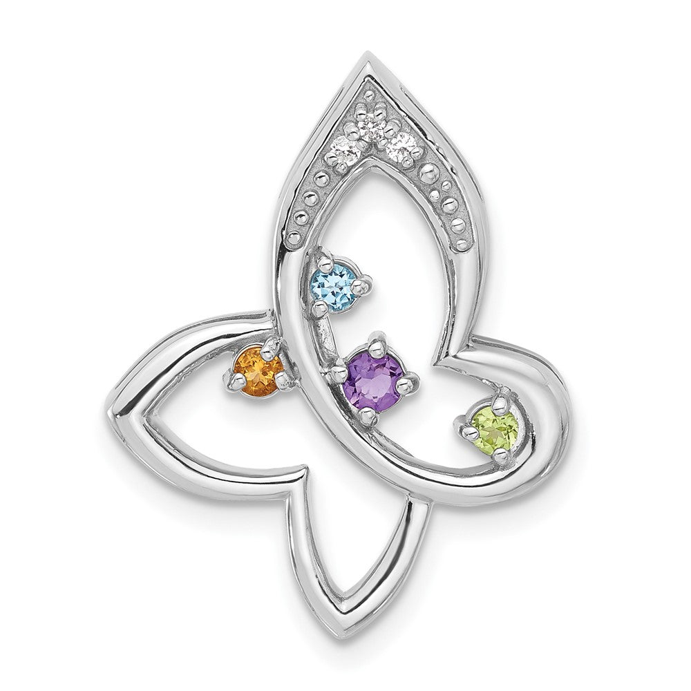 Sterling Silver Rhodium-Plated Rainbow Multi-Gemstone Butterfly Chain Slide