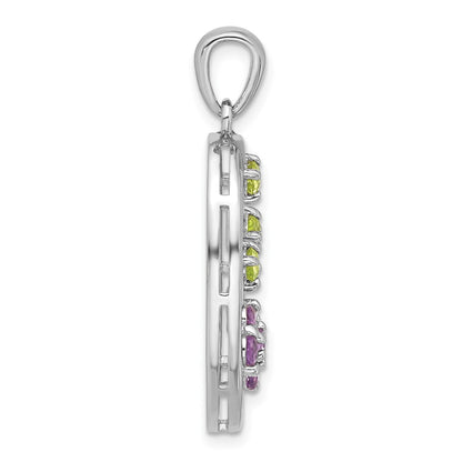 Sterling Silver Rhodium-Plated Amethyst and Peridot Flower Pendant