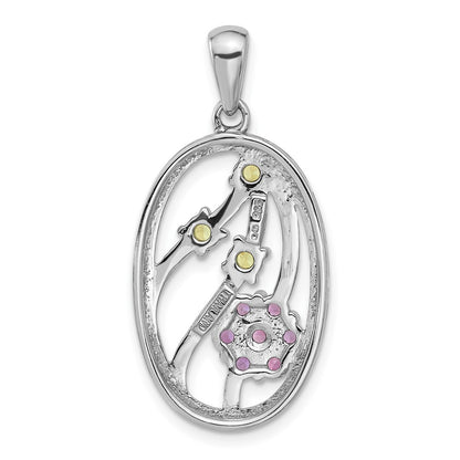 Sterling Silver Rhodium-Plated Amethyst and Peridot Flower Pendant