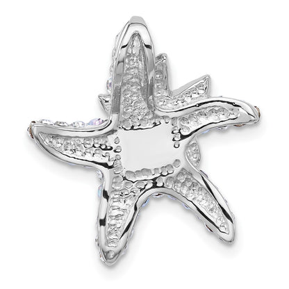 Sterling Silver Rhodium Plated Polished Crystal Starfish Pendant Chain Slide