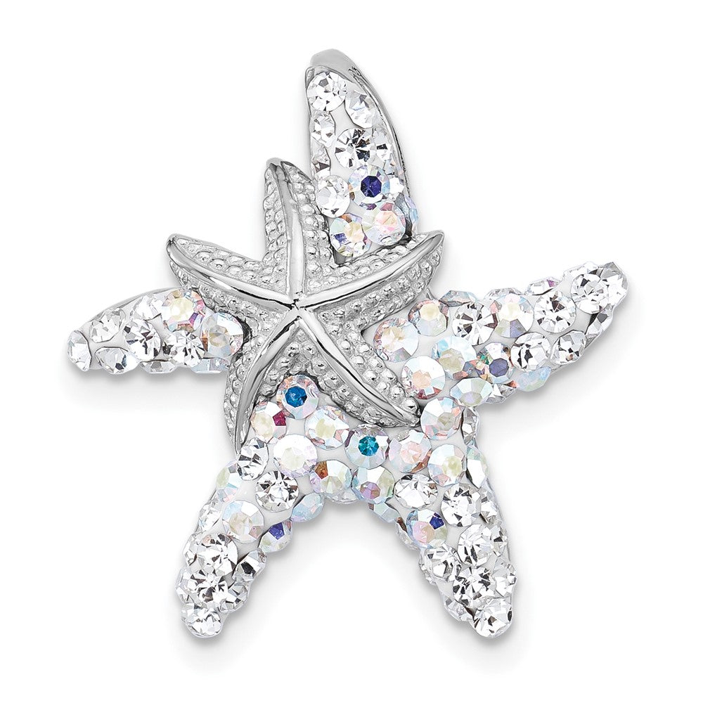Sterling Silver Rhodium Plated Polished Crystal Starfish Pendant Chain Slide