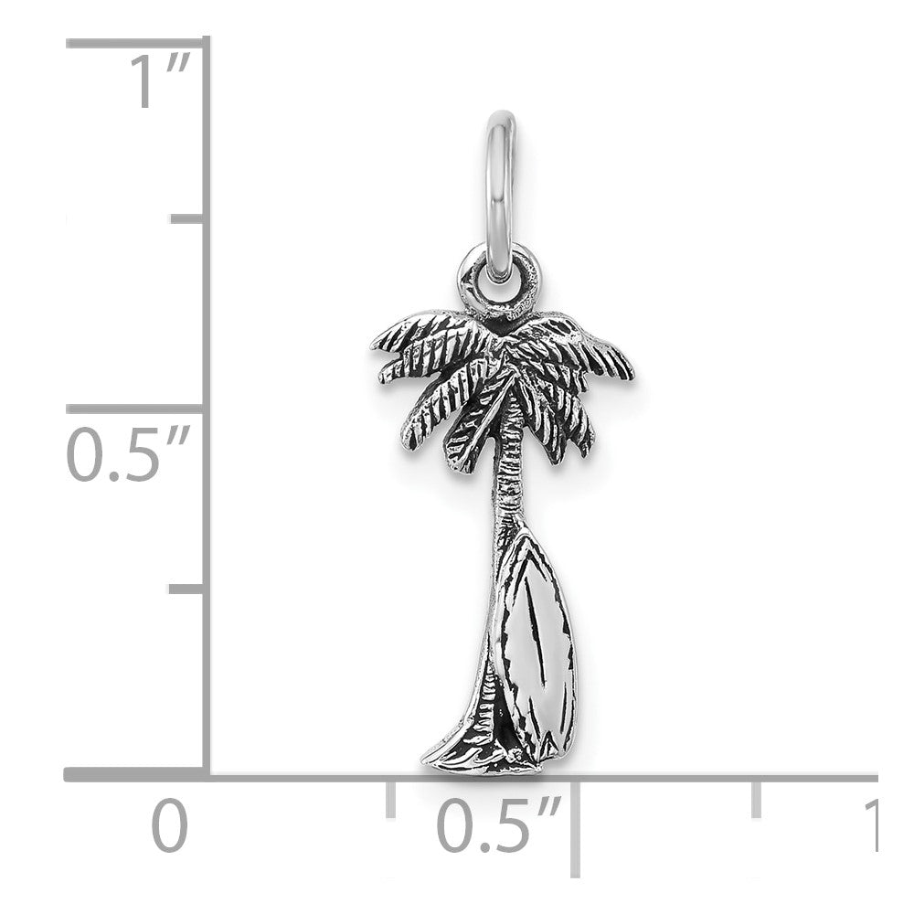 Sterling Silver Rhodium Plated Antiqued Palm Tree & Surfboard Pendant