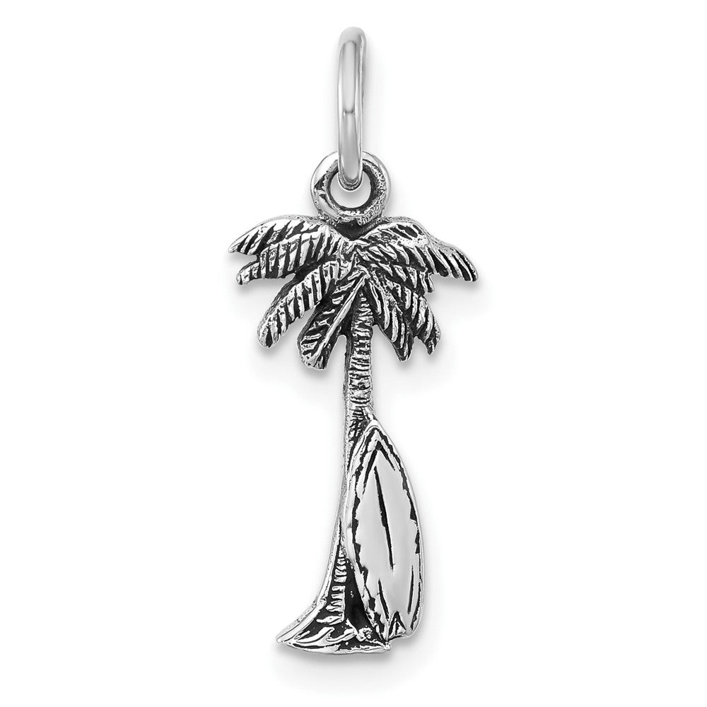 Sterling Silver Rhodium Plated Antiqued Palm Tree & Surfboard Pendant
