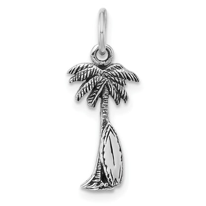 Sterling Silver Rhodium Plated Antiqued Palm Tree & Surfboard Pendant