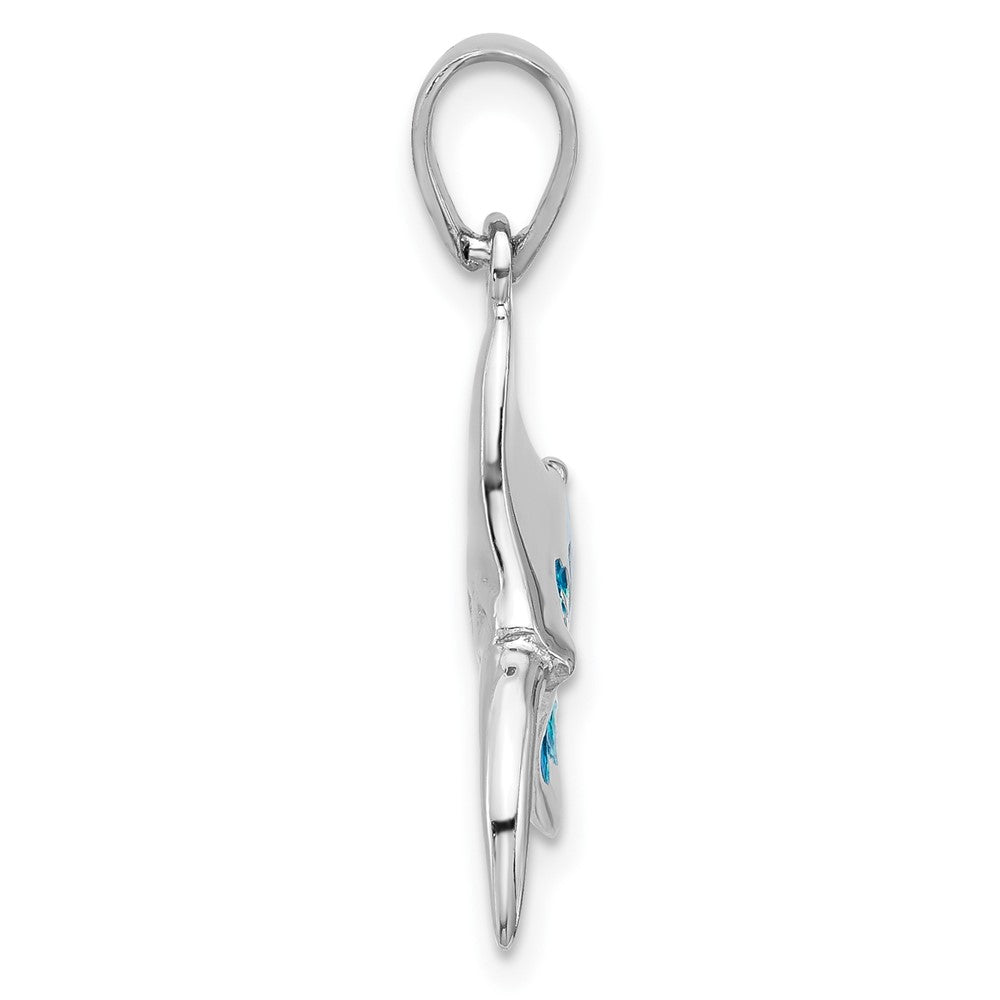 Sterling Silver Rhodium Plated Polished Blue Enamel Stingray Pendant