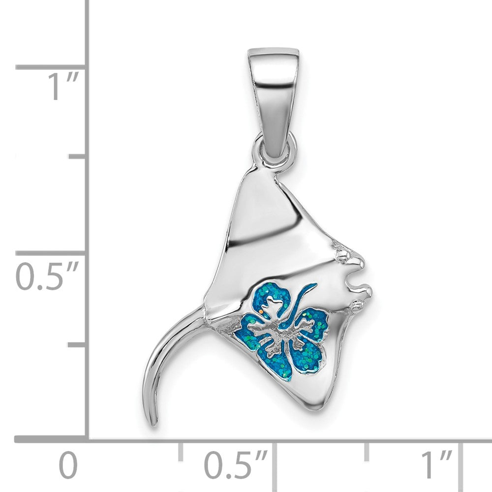 Sterling Silver Rhodium Plated Polished Blue Enamel Stingray Pendant