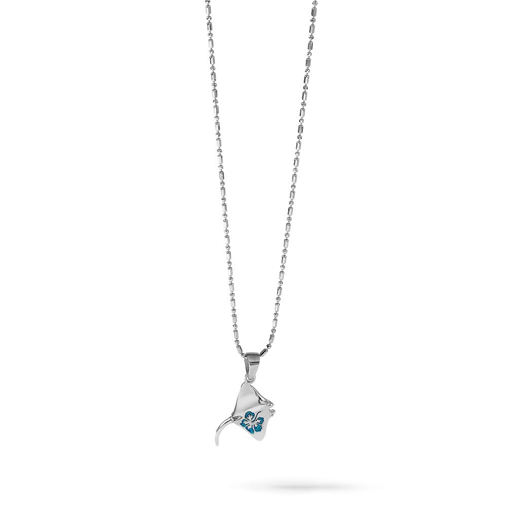 Sterling Silver Rhodium Plated Polished Blue Enamel Stingray Pendant