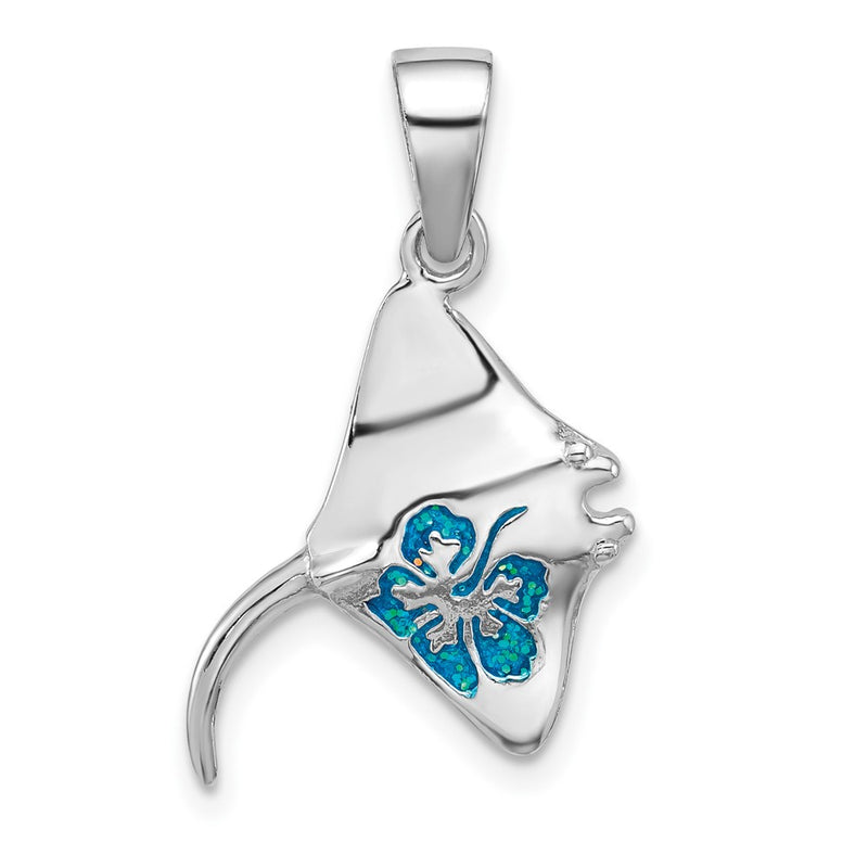 Sterling Silver Rhodium Plated Polished Blue Enamel Stingray Pendant