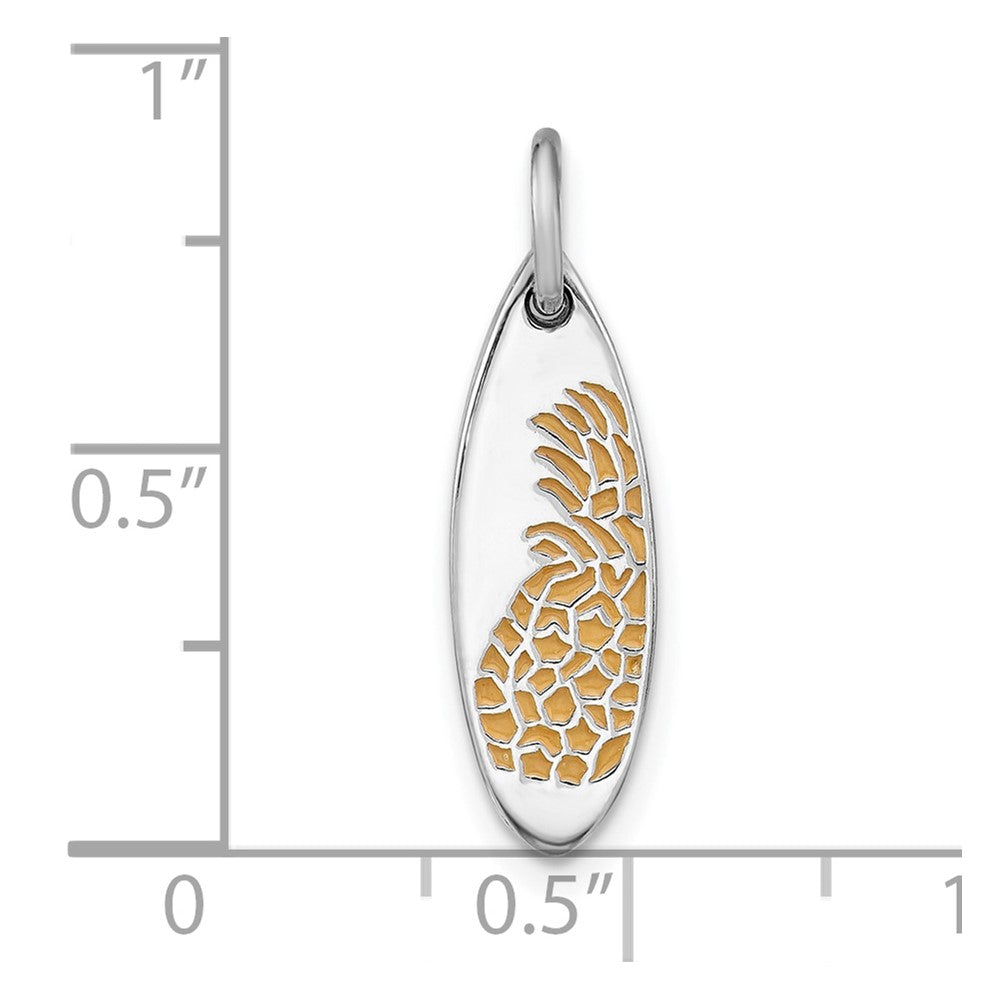 Sterling Silver Rhodium Plated Yellow Enamel Pineapple Surfboard Pendant