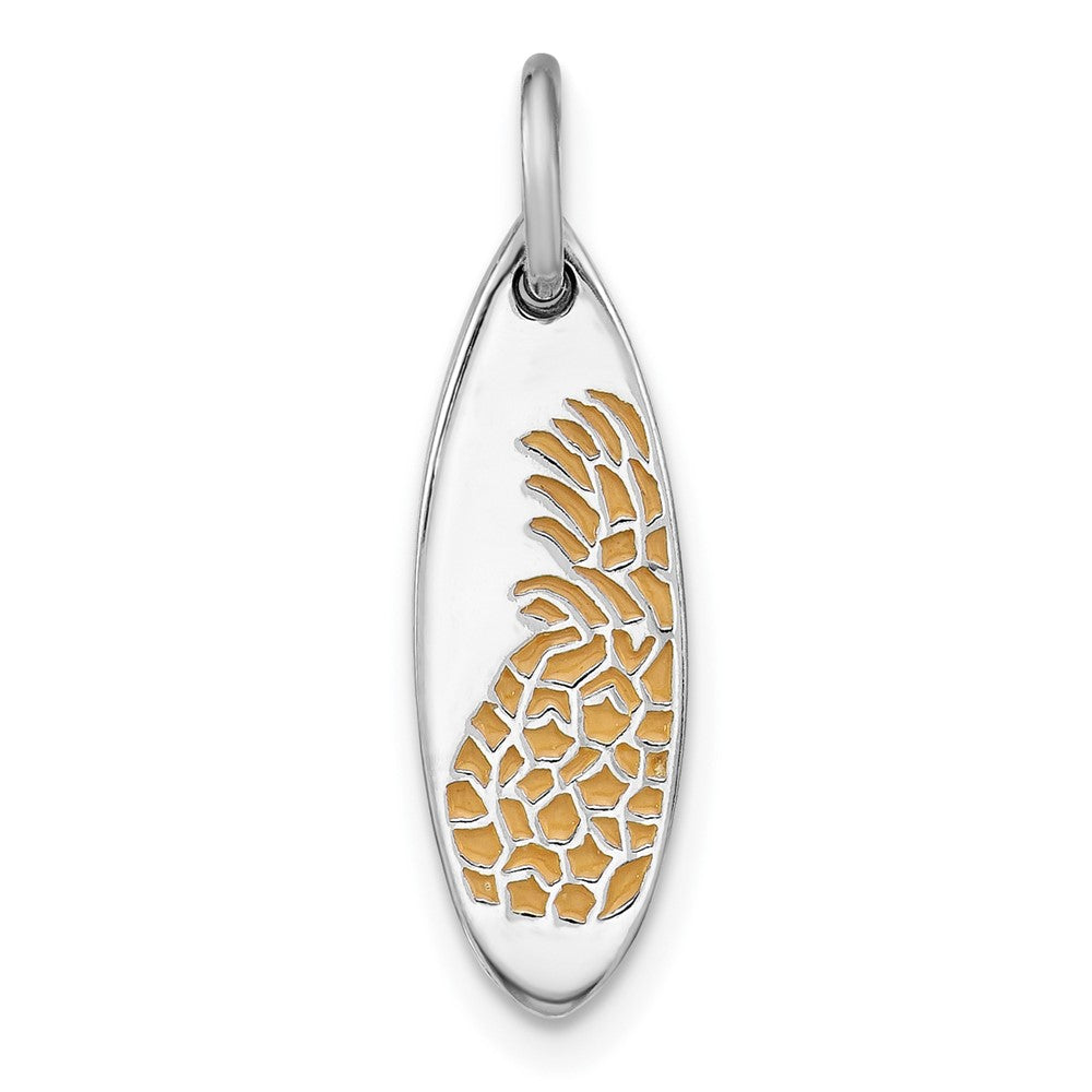 Sterling Silver Rhodium Plated Yellow Enamel Pineapple Surfboard Pendant