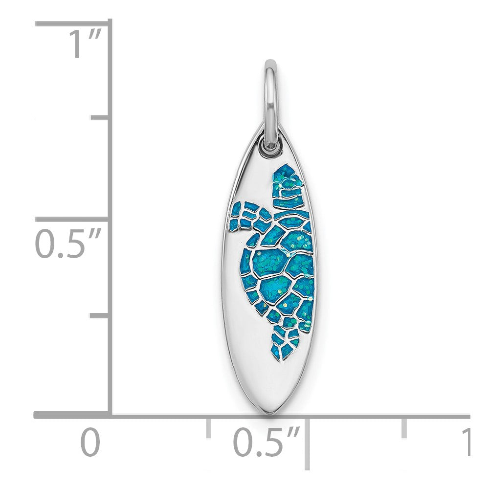 Sterling Silver Rhodium Plated Polished Blue Enamel Turtle Surfboard Pendant