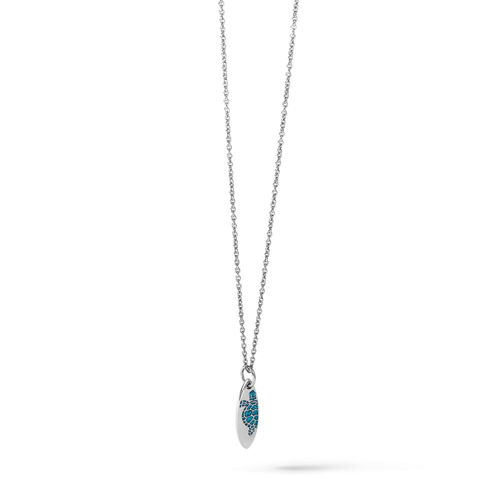 Sterling Silver Rhodium Plated Polished Blue Enamel Turtle Surfboard Pendant